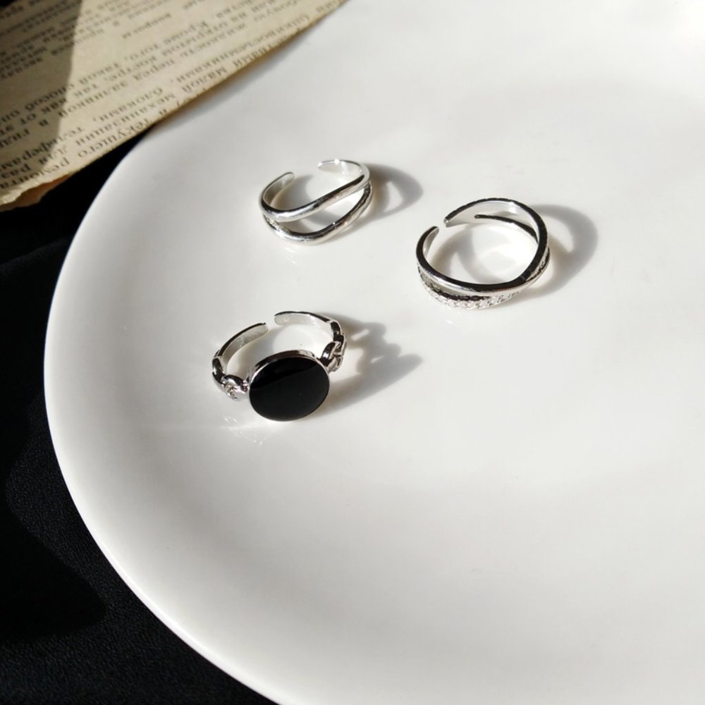 Silver Black Stone 3 Rings Set - Picture 2 of 8